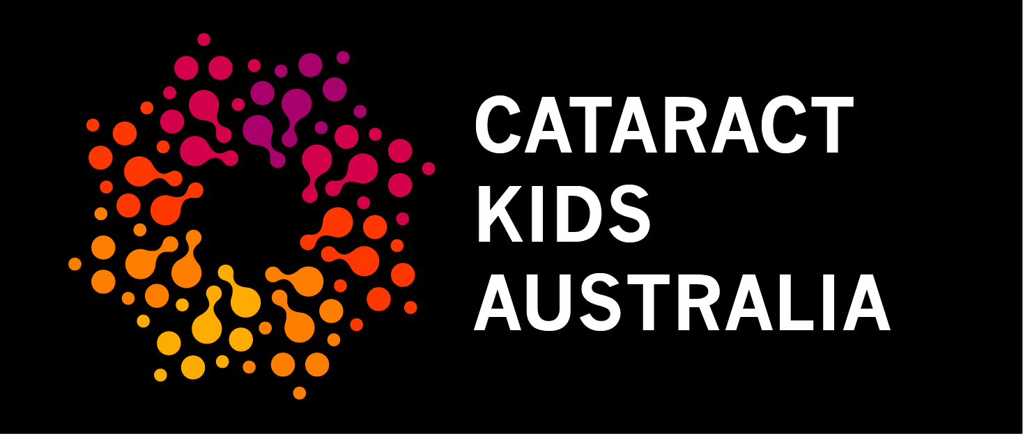Cataract Kids Australia logo, sunset colours in stylised star shape with white text on black background